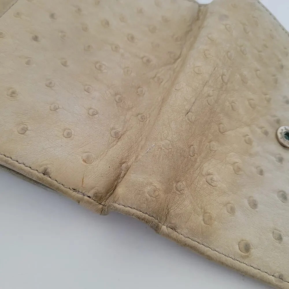 Furla Italian Trifold Wallet Medium Ostrich Leather Gray Designer Compact Logo